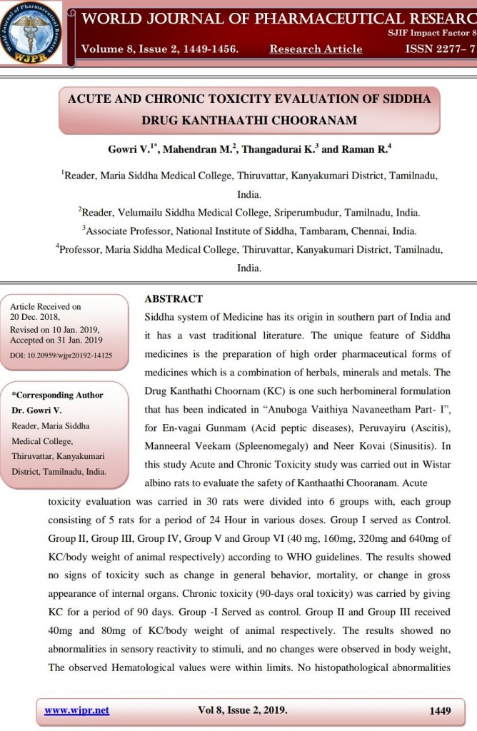 Acute and Chronic Toxicity Evaluation of siddha Drug Kanthaathi Chooranam