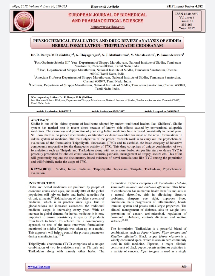 Physiochemical Evaluation and drug review analysis of siddha herbal formulation -Thippiliyathi chooranam
