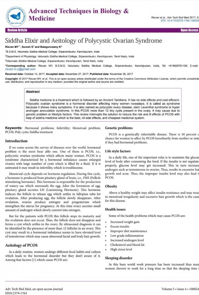 Siddha Elixir and Aeitology of Polycystic ovarian Syndrome